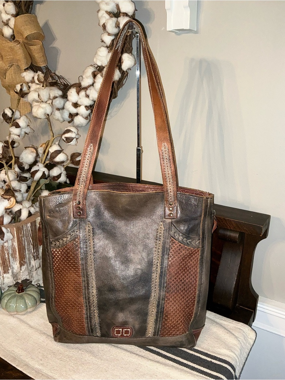 Bed Stu Leather Amelie Shoulder Bag Tote Black Rustic Teak Rustic MSRP $365